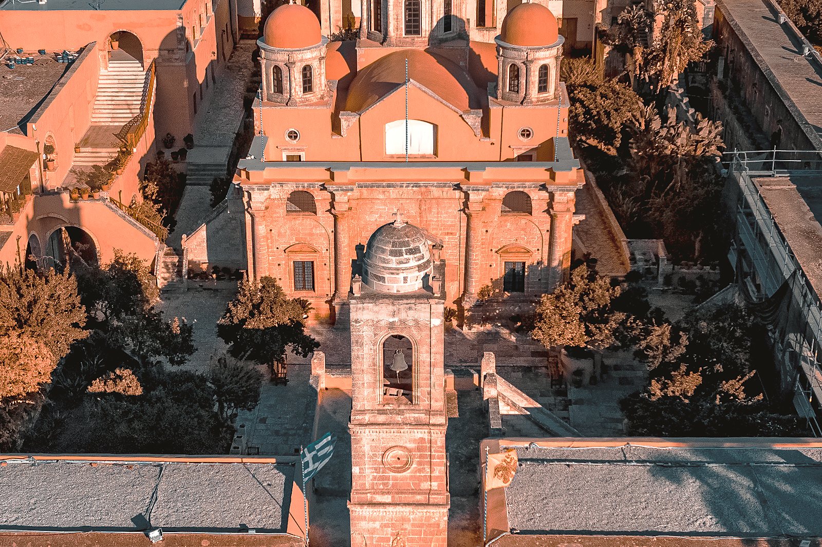 Aerial view of the Monastery of Agia Triada Tzagarolon on the Akrotiri peninsula