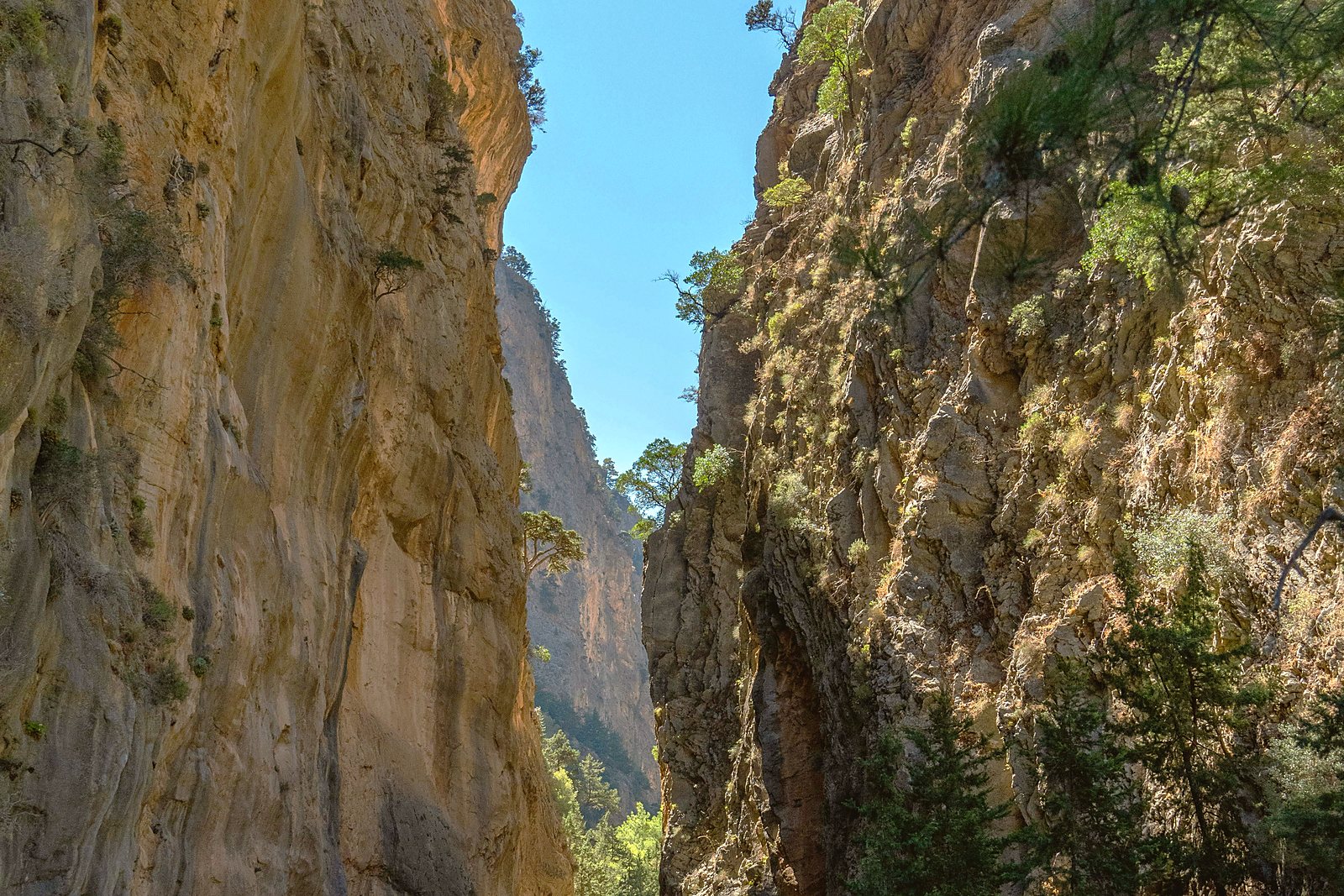 The Iron Gates of the Samaria Gorge, where the walls close to a few metres apart and rise vertically on both sides