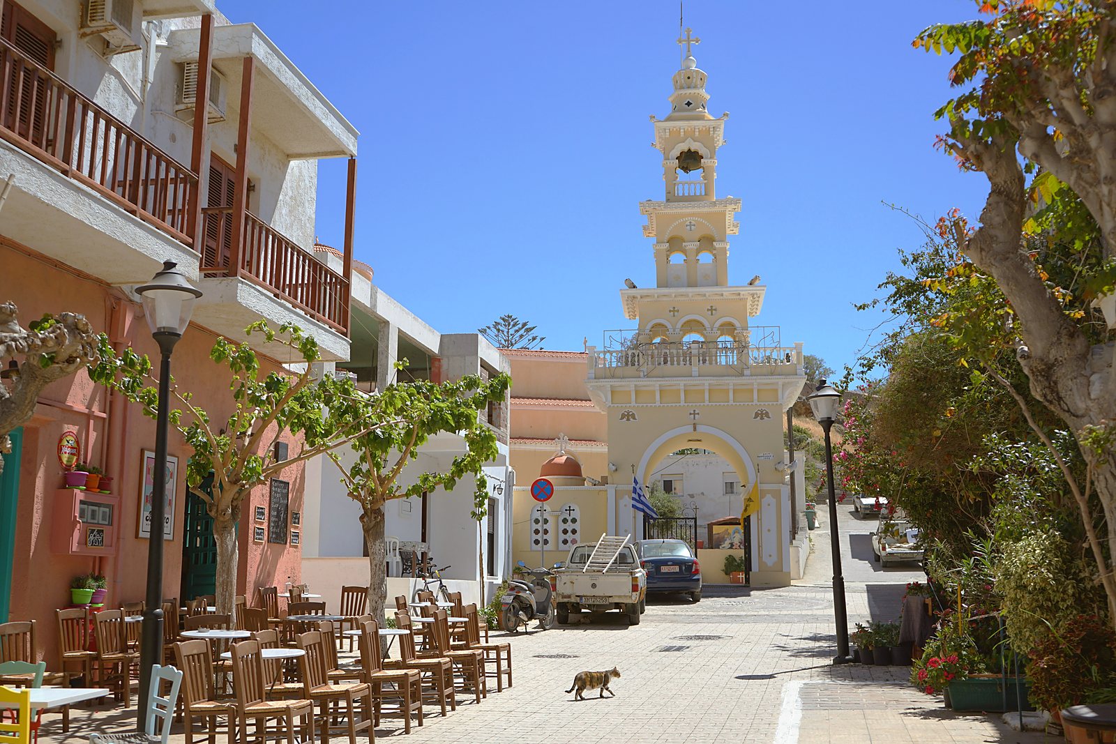 The waterfront at Palaiochora on the south coast of Crete, with tavernas along the street